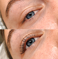 Vergleich zweier Augen, das eine unten hat angehobene Wimpern